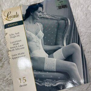 Vintage Levante Vanita Black Stretch Lace Thigh-Hi 3 Tall Satin Matte 15 Denier